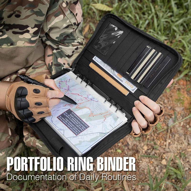 ‎KOSIBATE Tactical Notebook Padfolio Ring Binder with 80 Sheets, Tactical Binder Zippered for Folders, Cards Refillable 6-Ring Notepad,Army Military Waterproof Notebook Cover(Black,7.3"x10.1") - Image 3